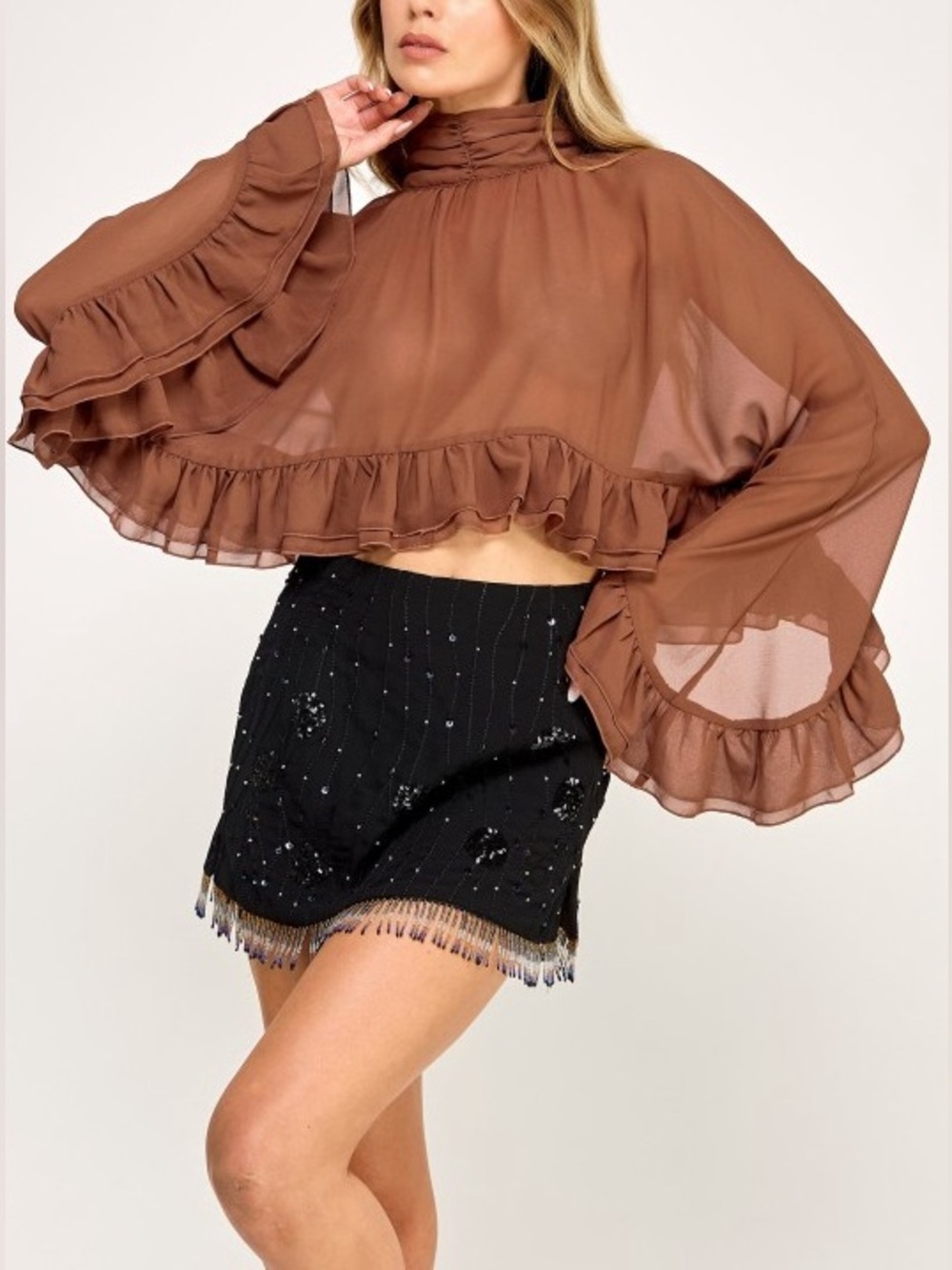 Brown Chiffon Tiered Sheer Long Sleeve Blouse Top